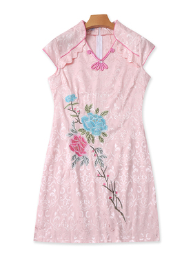 刺绣立领新中式旗袍 夏季新款修身连衣裙百搭气质短款女裙子05412