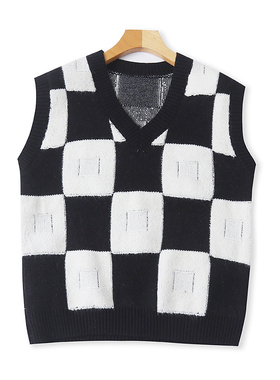V领格子针织背心 春秋新款无袖时尚女宽松弹力毛衣马甲 上衣02131