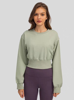 外贸圆领加绒短款卫衣 松紧腰卫裤春秋新款宽松运动收腰上衣11272