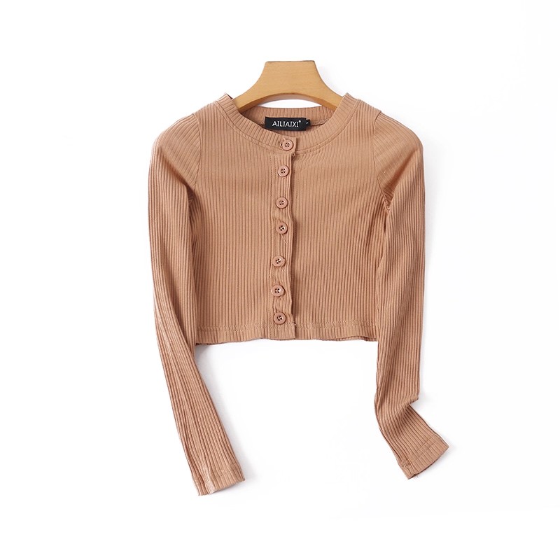 圆领针织衫纽扣开衫短款长袖时尚