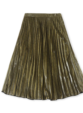 外贸半松紧腰半身裙 春秋新款显瘦A字中长款女大摆百褶裙子 18044