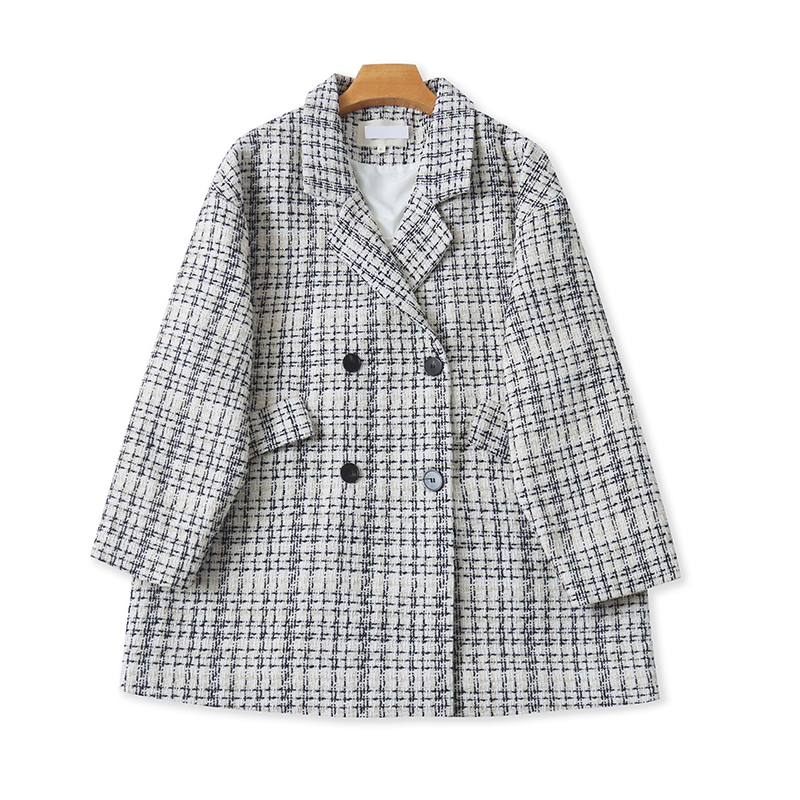 大板小香风外套 秋冬新款中长款格子长袖西装 女厚宽松上衣 21384