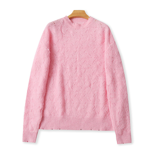 外贸小圆领毛边针织衫长袖毛衣 女春秋新款宽松慵懒时尚上衣20454