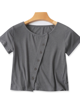 圆领针织弹力T恤 夏季新款短款纽扣开衫 短袖斜襟休闲女上衣20503