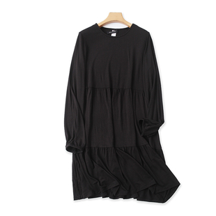 拼接连衣裙 夏季 弹力圆领A字裙女套头中长裙子Q 新款 外贸长袖