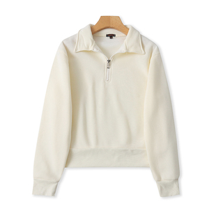 外贸翻领半拉链加绒卫衣 秋冬时尚短款外套 女宽松休闲上衣 24023