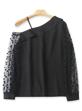 露肩网纱T恤衫 夏季新款薄款显瘦长袖女打底衫 外贸宽松上衣16082