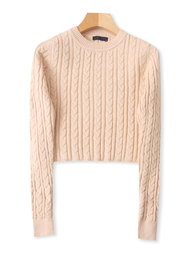 圆领麻花纹长袖毛衣 秋冬新款短款时尚针织衫女套头保暖上衣08364