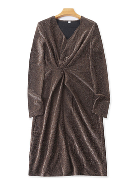 V领亮晶丝连衣裙春秋新款长袖褶皱中长款显瘦女外贸套头裙子15463