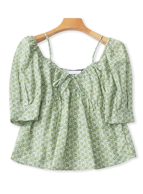 吊带露肩碎花小衫 夏季新款短袖衬衫时尚短款套头T恤衫 上衣21172