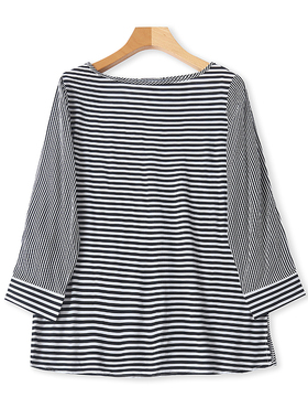 外贸条纹7分袖T恤衫 春秋新款体恤宽松休闲显瘦女打底衫上衣05034