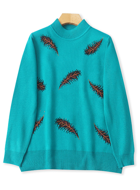 立领针织钩花毛衣 亮钻长袖打底衫女春秋新款宽松保暖女上衣03051