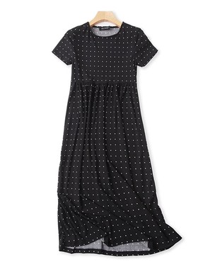 外贸黑色圆点短袖连衣裙 夏季新款显瘦女士圆领宽松长款裙子21172