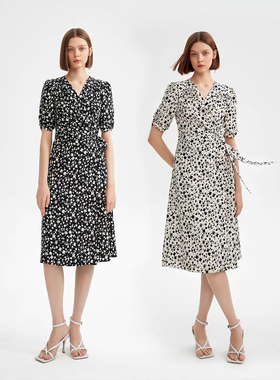 法式系带收腰连衣裙夏季新款长款显瘦女碎花修身时尚A字裙子15034