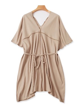 外贸V领系带收腰罩衫 夏季新款蝙蝠衫大板裙 女宽松中长上衣02294