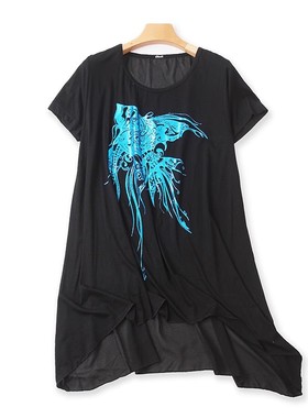 外贸圆领印花短袖T恤衫 夏季新款拼接A字错层套头女宽松上衣04053