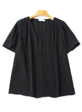 外贸V领衬衫 夏季新款纽扣开衫宽松大版短袖女打底衫T恤上衣05304