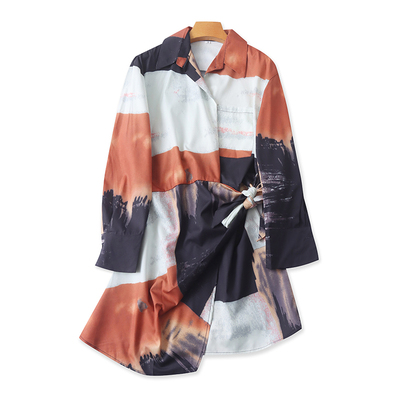 翻领印花系带连衣裙 春秋新款显瘦复古时尚A字裙 女长袖裙子16072