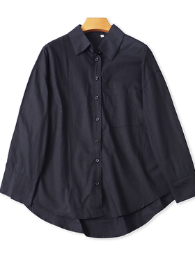 翻领长袖衬衫 夏季新款宽松错层显瘦休闲衬衣女百搭黑色上衣24184