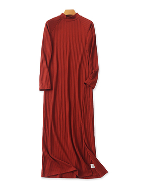 长款立领开叉连衣裙 春秋新款针织显瘦女修身时尚打底长裙子10063