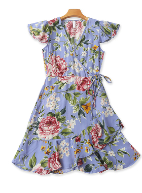 外贸V领碎花连衣裙 夏季新款收腰A字显瘦时尚女装中长款裙子21011