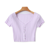 体恤打底衫 V领暗条纹T恤衫 外贸上衣05413 短款 显瘦女短袖 夏季 新款