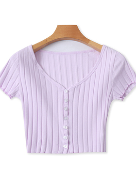 V领暗条纹T恤衫 夏季新款短款显瘦女短袖体恤打底衫外贸上衣05413