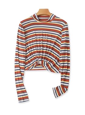 彩条纹立领打底衫 春秋新款长袖百搭褶皱T恤衫 女装套头上衣18022