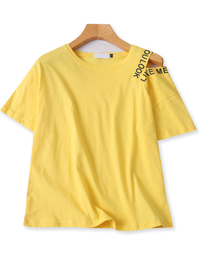 圆领字母露肩短袖T恤衫 夏季新款女打底体恤衫 宽松休闲上衣07073