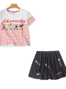 两件套卡通夏季新款百搭休闲时尚棉T恤+半身A字裙女套装裙子22442
