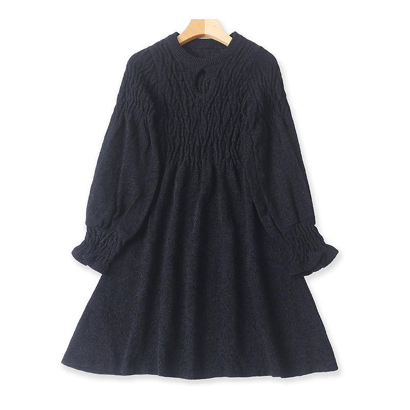 外贸雪尼尔针织圆领连衣裙春秋新款收腰A字中长镂空毛衣裙子14081