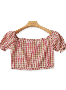 一字肩格子衫 短款露脐装夏季新款短袖衬衫时尚T恤 女装上衣05072