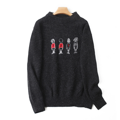 套头针织圆领刺绣毛衣