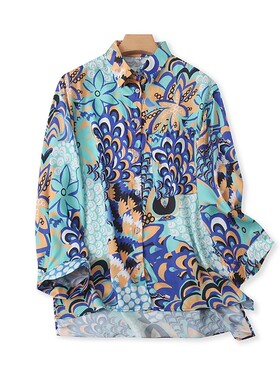 外贸翻领碎花长袖衬衫 夏季新款薄款纽扣开衫女宽松打底上衣05264