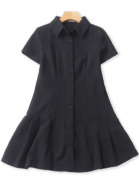 欧美翻领学院风连衣裙 夏季新款时尚女纽扣开衫百褶迷你短裙07082