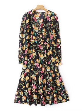 V领碎花长款连衣裙 春秋新款长袖收腰拼接女装套头显瘦裙子 02293