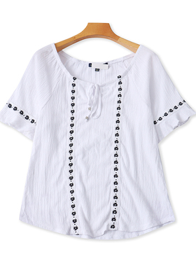 外贸短袖钩花刺绣小衫夏季新款宽松休闲女套头T恤衫显瘦上衣07493