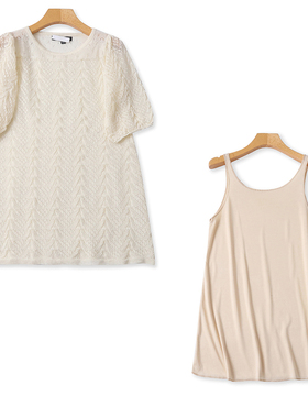 外贸圆领镂空针织衫 春秋款弹力女套头打底中长款两件套上衣10164