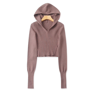 春秋连帽短款修身针织衫时尚洋气