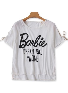 圆领字母系带T恤 夏新款宽松短袖错层开叉打底衫 女套头上衣23292