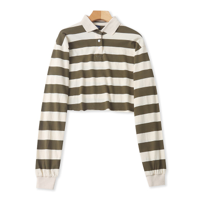 春夏条纹翻领长袖女POLO衫时尚