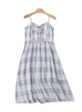 吊带格子连衣裙 夏季新款甜美时尚抹胸裙 女中长款A字版裙子19462