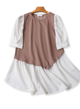 圆领假两件T恤衫夏季新款百搭显瘦遮肉打底衫女外贸中袖上衣19211