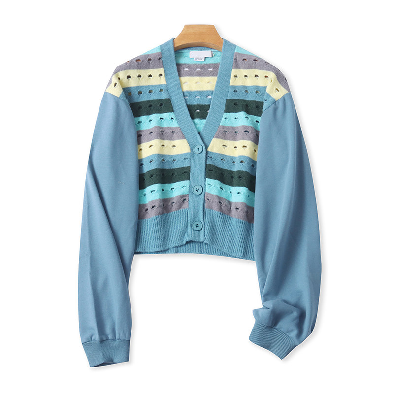 镂空拼色针织开衫 春秋新款宽松短款毛衣外套条纹女弹力上衣11432,女装/女士精品,毛针织衫,淘宝优惠券,粉丝福利购,淘宝优惠卷