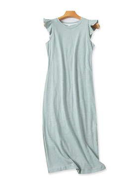 棉圆领飞飞袖开叉连衣裙 夏季新款显瘦女装长款时尚百搭裙子19023