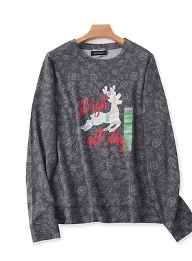 外贸圆领印花字母毛圈卫衣春秋新款弹力T恤女长袖打底衫上衣21231