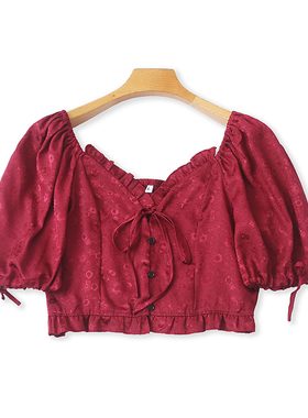 欧美暗花纹短款小衫 夏季新款时尚女灯笼袖衬衫法式系带上衣17062
