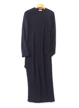 圆领长袖开叉连衣裙 春秋新款修身长款时尚女外贸套头弹力裙21284