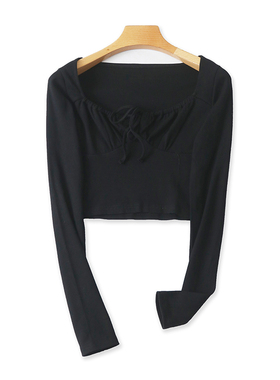 方领系带小衫 春秋新款长袖短款弹力打底T恤衫 女装外贸上衣19222