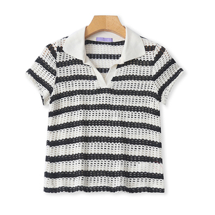 外贸翻领横条纹针织T恤衫 春夏短袖镂空罩衫 宽松休闲女上衣08503
